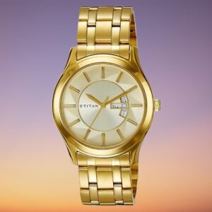 Titan Golden Dial Stainless Steel Strap Watch for Men with Day and Date