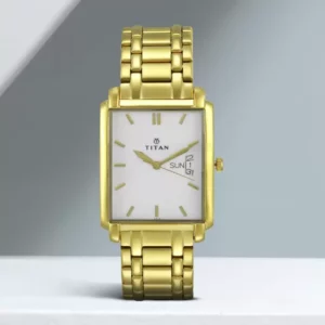 Titan White Dial Stainless Steel Strap Watch for Men with Day and Date