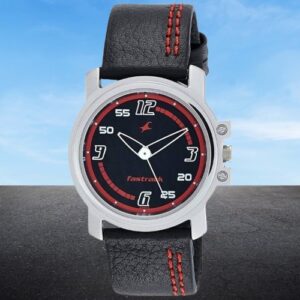 Fastrack Red & Black Dial Black Leather Strap Analog Men's Watch