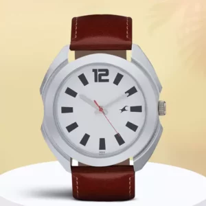 Fastrack Analog White Dial Brown Leather Strap Watch For Men's