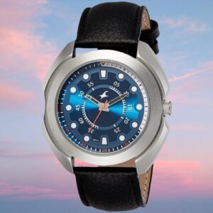 Fastrack Blue Dial Black Leather Strap Analog Watch For Men's