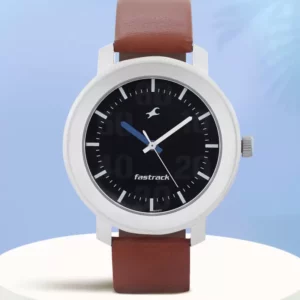 Fastrack Analog Trendy Watch for Men, Black Dial Brown Leather Strap