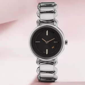 Fastrack Black Dial Silver Steel Strap Analog Wrist Watch for Women’s