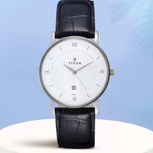 Titan White Dial Black Leather Strap Analog Watch With Date Function