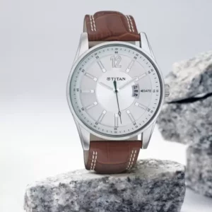 Titan Watch for Men, Silver Dial Brown Leather Strap Analog Men's Watch