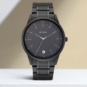Titan Men's Timeless Style Analog Watch Refined Black Dial and Metal Strap